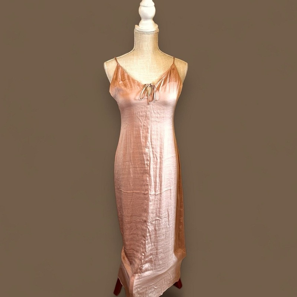 Urban Outfitters NWOT SZ‎ SP Satin Slip Maxi Dress Rose Gold Champagne Front Tie